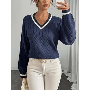Women's Navy Cable Knit V-Neck Sweater with Preppy Contrast Trim Long Sleeves Relaxed Fit Soft Stretch Fabric for Casual Workwear or Layered Fall Winter Looks Basic Tops