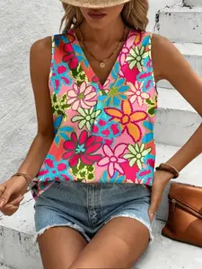 A ladies' floral-print V-neck sleeveless top with an elegant and versatile style, perfect for a beach vacation.