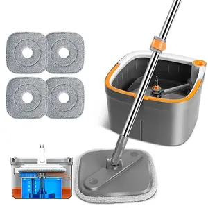 Saker Hands-Free Flat Mop and Bucket Set with Adjustable Handle & 4 Washable Microfiber Pads for Floor & Wall Cleaning