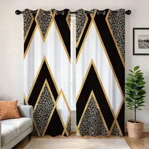 Black Gold Geometric Diamond Blackout Curtains Curtains, Luxury Art Deco Modern Window Drapes for Living Room Bedroom with Grommet Top 2 Panels