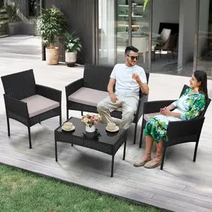 4 Piece Patio  ,  Washable Cushions & Tempered Glass Tabletop, Matching Wicker Chairs, Sofa, nd Coffee Table,  Porch, Garden, Balcony (Grey) , Sectional Outdoor Furniture Set