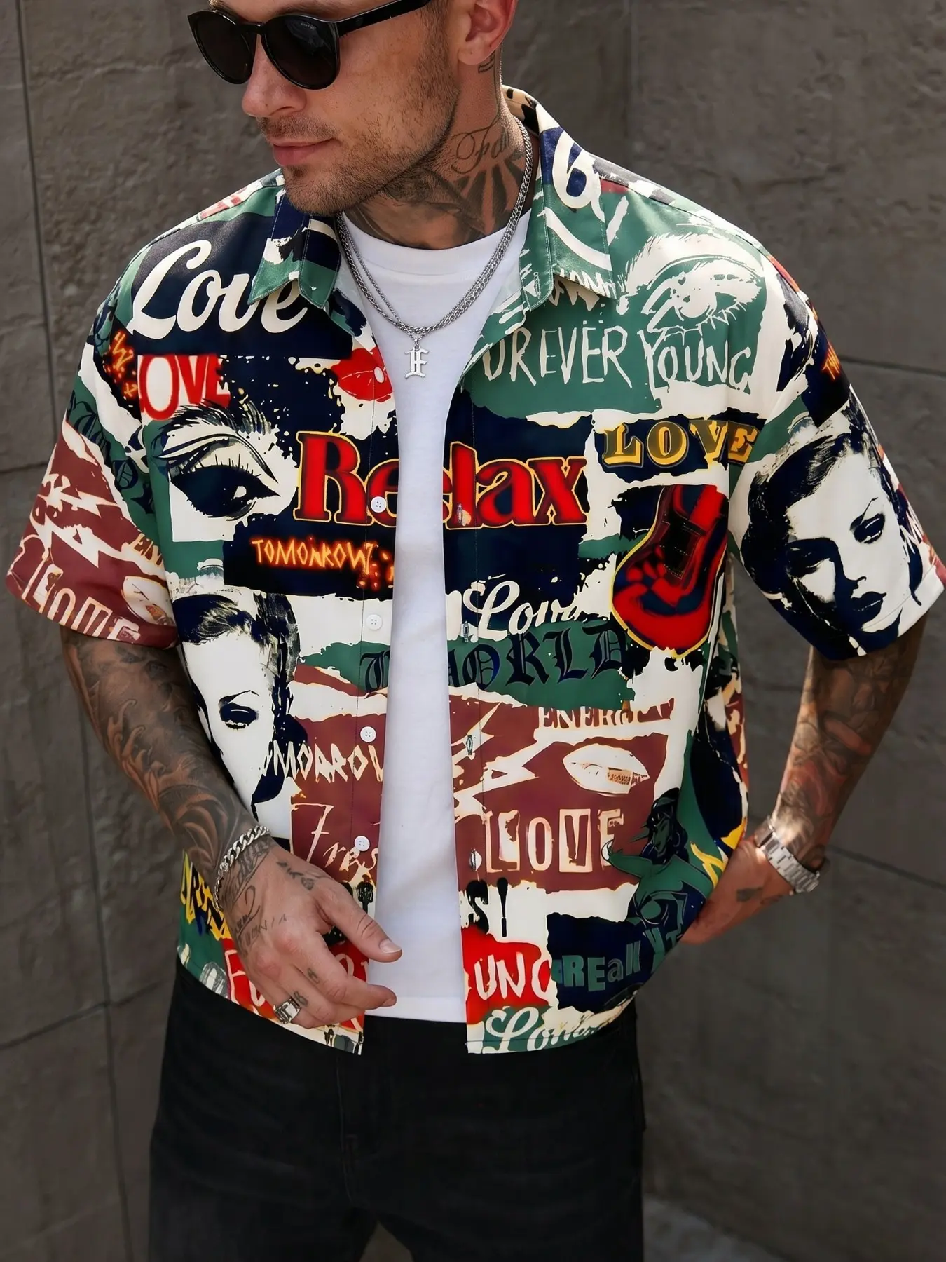 Men's Retro Pop Art Style Short Sleeve Cuban Collar Core Shirt, Perfect for Vacation or Vintage Theme, Casual All over Print Blouse