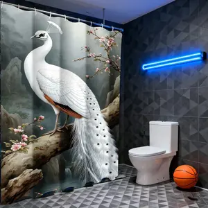 Peacock Pattern Shower Curtain, Bright Color, High Resolution, Mildew Resistant, Cartoon Design, Includes 12 Plastic Hooks
