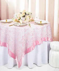 85"x85" Seamless Square Embroidered Organza Tablecloth/Table Overlay - Pink (1pc)