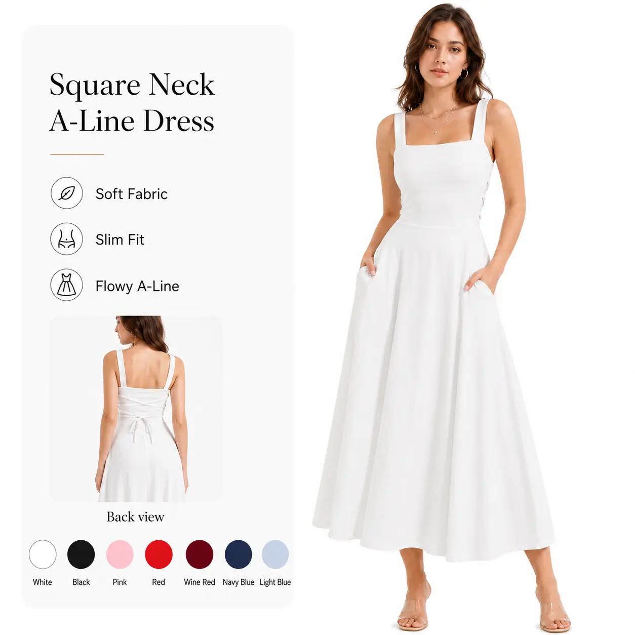 Women's Minimalist Square Neck Spaghetti Strap Midi A-Line Dress - Adjustable Tie-Back Waist, Loose Flowy Sundress with Pockets, Feminine Customized Soft Casual Summer Wedding Guest Dress, Solid