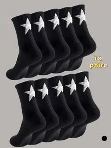 Women's Star Pattern Knit Socks, Fitted Casual Socks, Moderate Fabric, Fitted Style, All-Season Wear, Versatile Daily Footwear, 10 Pairs Pack, Sock Set