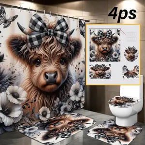 Mascot Highland Cow Shower Curtain Set, Waterproof Bathroom Partition, Polyester Fiber Material, Easy Installation, Perfect Gift