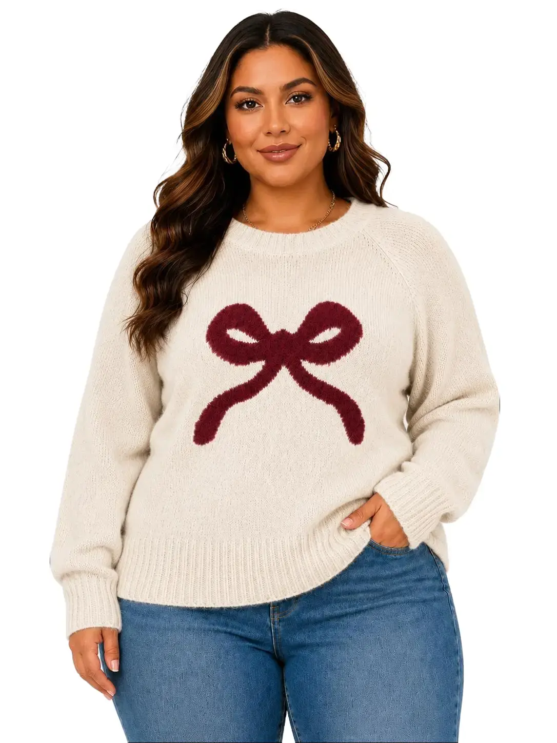 Women's Plus Size Crewneck Knit Sweater - Long Sleeve Oversized Pullover with Fuzzy Red Bow, Cozy Womenswear Knitwear for Daily & Festival Wear