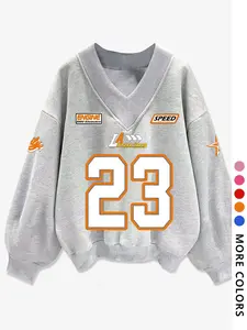 Women's Number  Print V Neck  Sweatshirt, Casual Long Sleeve Pullover for Fall & Winter, Women's Clothes for Daily Wear