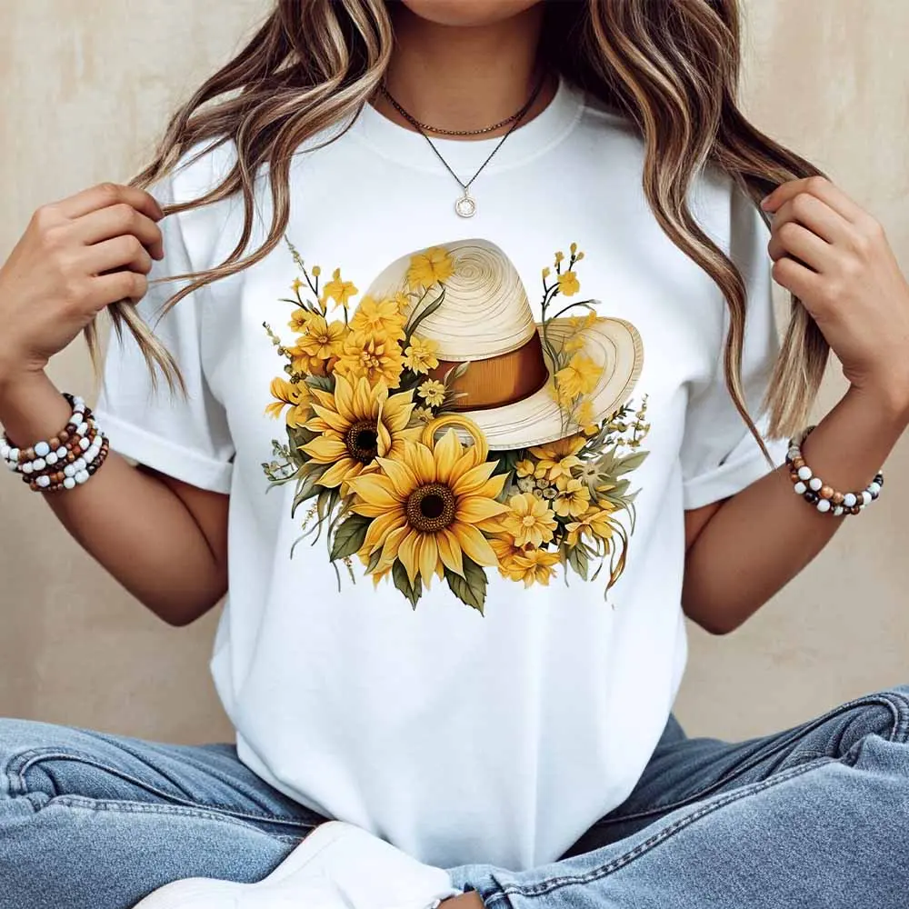Sunflower And Straw Hat Print T Shirt White Casual Loose Fit For Everyday Wear And Outdoor Activities