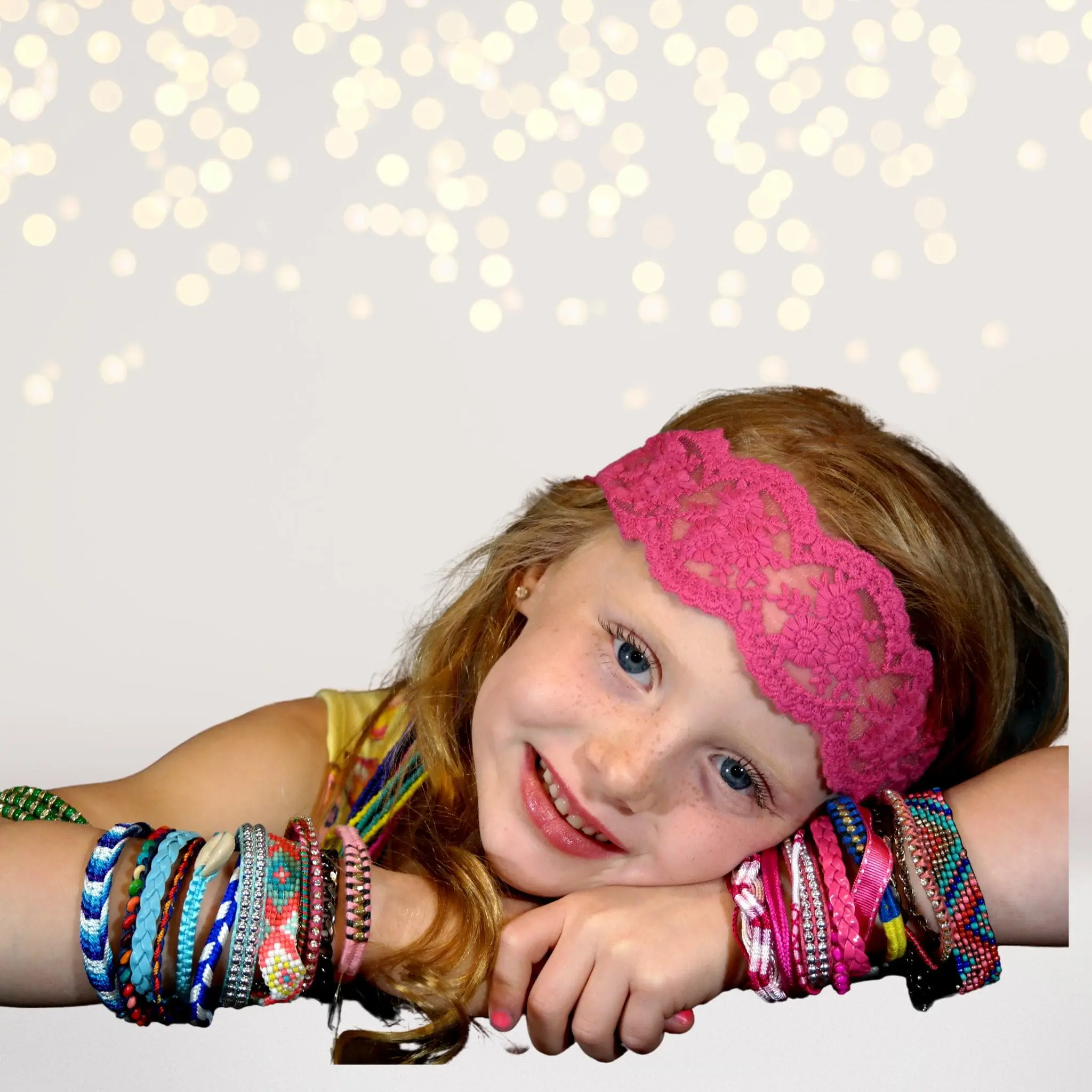 Boho Lace Headband for Female, Wide Stretch Fabric for Festivals & Beach Days, 1 Size Fits Most in Pink, Lime & Orange