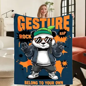 Cool Panda with Fashion Glasses Rock Rap Gesture Flannel Blanket Retro Style Soft Warm All Season Throw for Bed Sofa Car Polyester Soundwave technology Printed Graphic Design Belong to Your Own Edgy Pop Culture Gift for Music & Animal Lovers