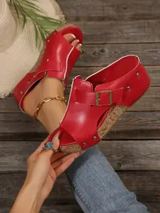 Women's Plus Size Wedge Sandals, Summer New Arrival, European and American Style, Retro Lightweight Buckle Open-Toe Slippers
