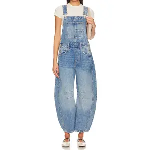 Women’s Barrel Leg Denim Overalls – Vintage Washed Baggy Balloon Jeans Jumpsuit, Relaxed Fit Wide Leg Bib Pants with Pockets
