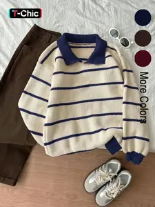 Women's Casual Striped Colorblock Collared Knit Pullover Sweater, Fitted Style, Moderate Fabric Thickness, Soft, Spring & Fall Fashion, Knitwear, Long Sleeve, Tops