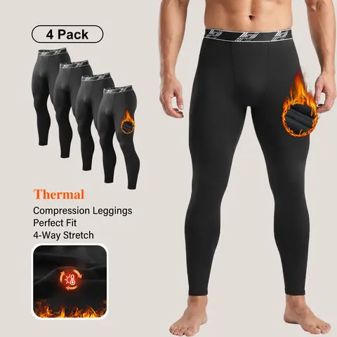 Men's 4-Pack Fleece-Lined Thermal Compression Pants Tights - 4-Way Stretch, Breathable, Moisture-Wicking Activewear Sportswear Gym Workout Apparel Spandex Sports Thermal Underwear Winter Athletic Base Layer Leggings