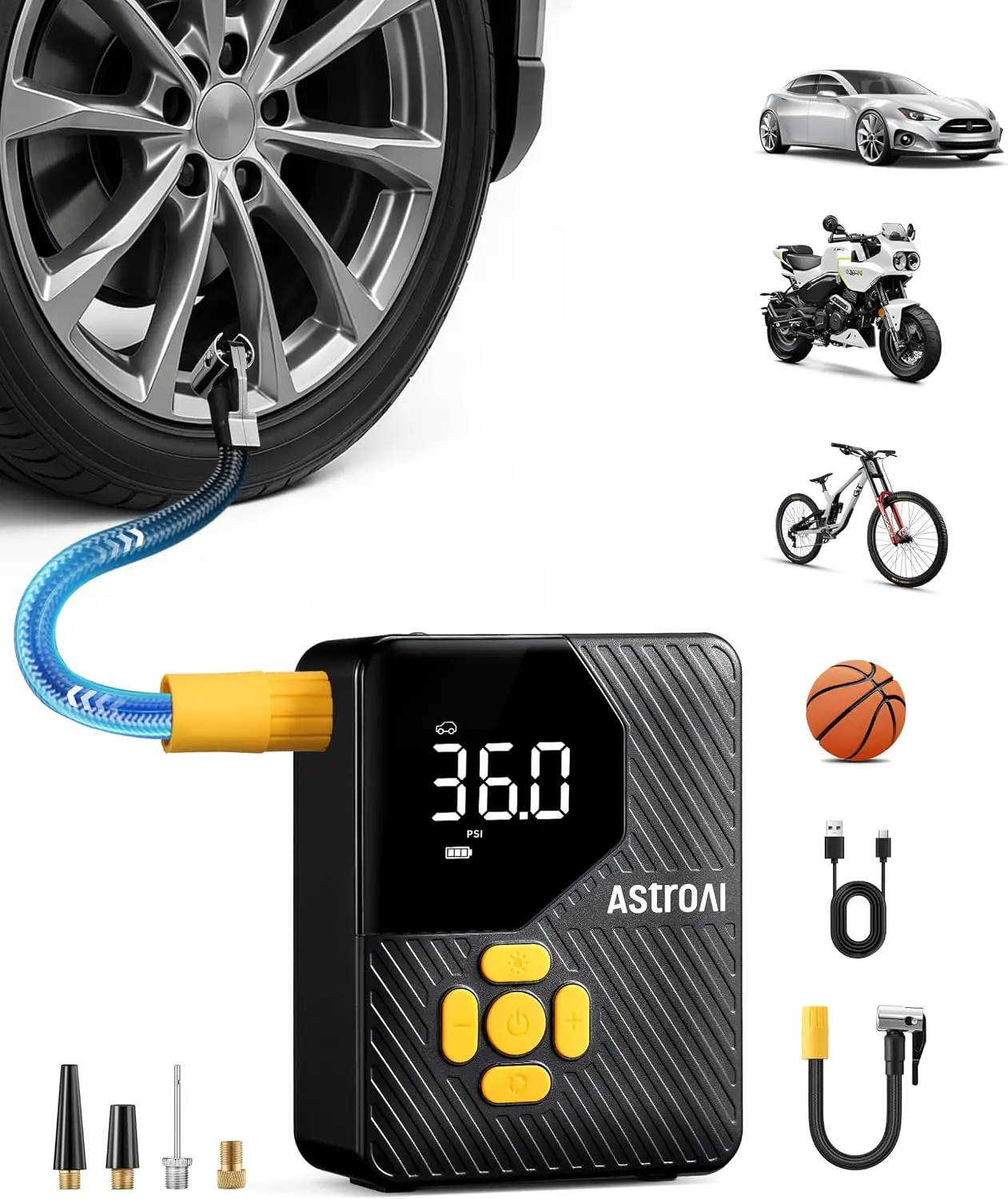 AstroAI 150 PSI Tire Inflator Portable Air Compressor, Fast Inflation Pump | Cordless Air Pump with Auto Shut-Off, LED Light & Pressure Gauge, L7 Mini for Cars,Motorcycles,Mountain Bike and Balls,Yellow