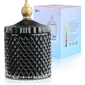 18oz Black Glass Jars with Lid,Embossed Candy Dishes, Faceted Glass  Container,Decorative  Box Canisters,Colored Kitchen Bathroom Storage Organizer,Gifts for Wedding Buffet