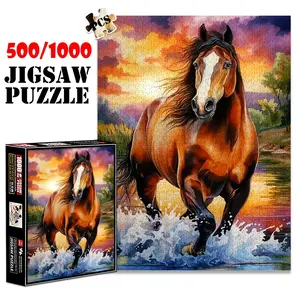 1pc 1000 piece adult puzzle 70x50cm Running Horse in a Scenic Sunset Landscape 500 pieces of paper jigsaw puzzle, suitable for adults and families, large-scale DIY puzzle interactive toy games, bi