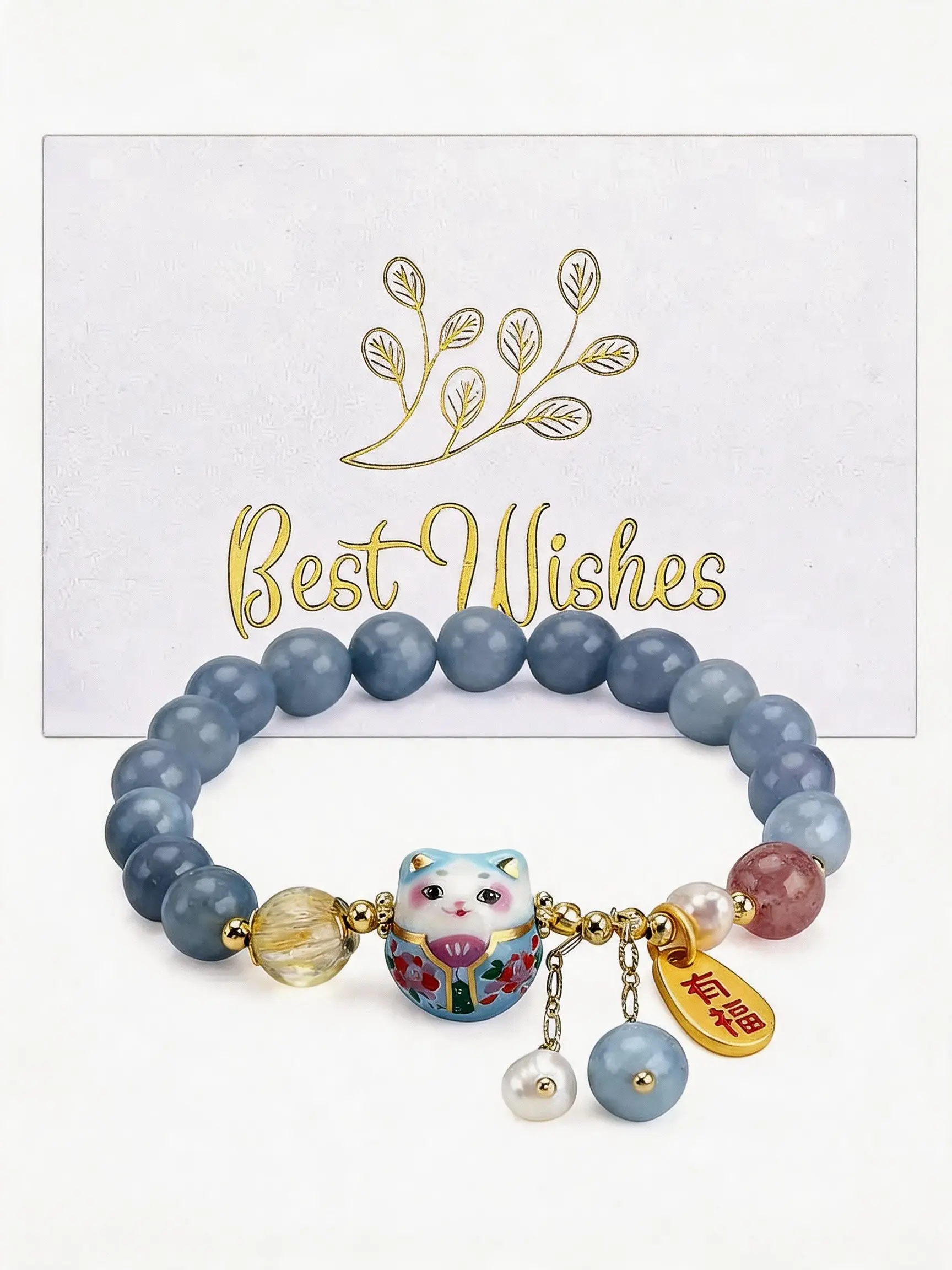 Lucky Cat Bracelet with Blue Crystal, Ceramic Cat Pendant, Feng Shui Good Luck Jewelry for Women, Wealth & Protection Bracelet, Crystal Bracelets