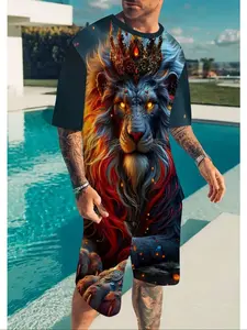 Men's Crown Lion Print 3D Printed Short Sleeve T-Shirt + Shorts Set, Casual Sportswear, Breathable Outdoor Summer, Comfortable Men's Clothing