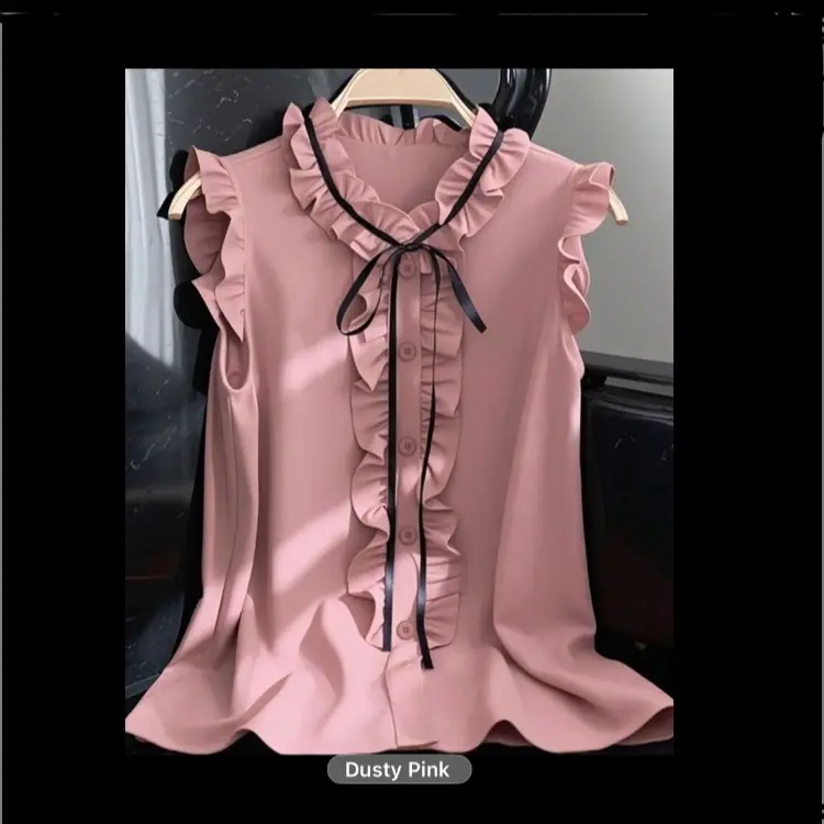 Bow Detailed Ruffled Top in Dusty Pink with Black Ribbon Accent