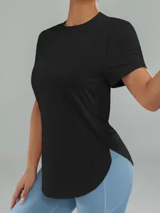 D1268 Summer Outdoor Casual Sport Quick-Dry Short Sleeve Elastic Side Split Fitness Running T-Shirt Sport Top for Women