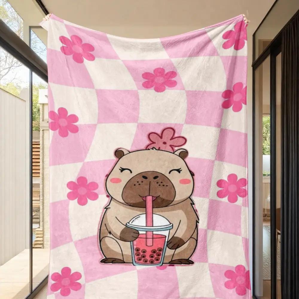 1pc-Super comfortable and cute flannel throw blanket with capybara checkerboard pattern design on a pink background, high-definition digital printing leisure blanket, all- universal cover blanket