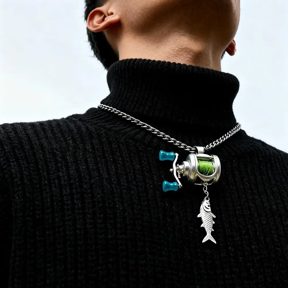 Fishing Reel Necklace - Finely Detailed Fishing Themed Jewelry with Rotating Handle, Swirling Pendant, Backpack Charm for Any Angler