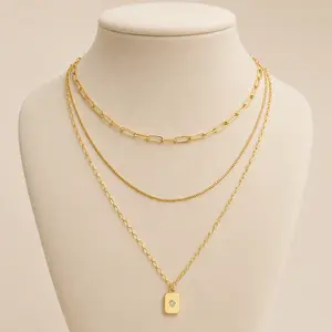 Trendy 3-Piece 14k Gold Plated Necklace Set – Grid, Paperclip & Box Chains with Minimalist Rectangle Pendant Featuring Sparkling Star Zircon – Fashion Jewelry