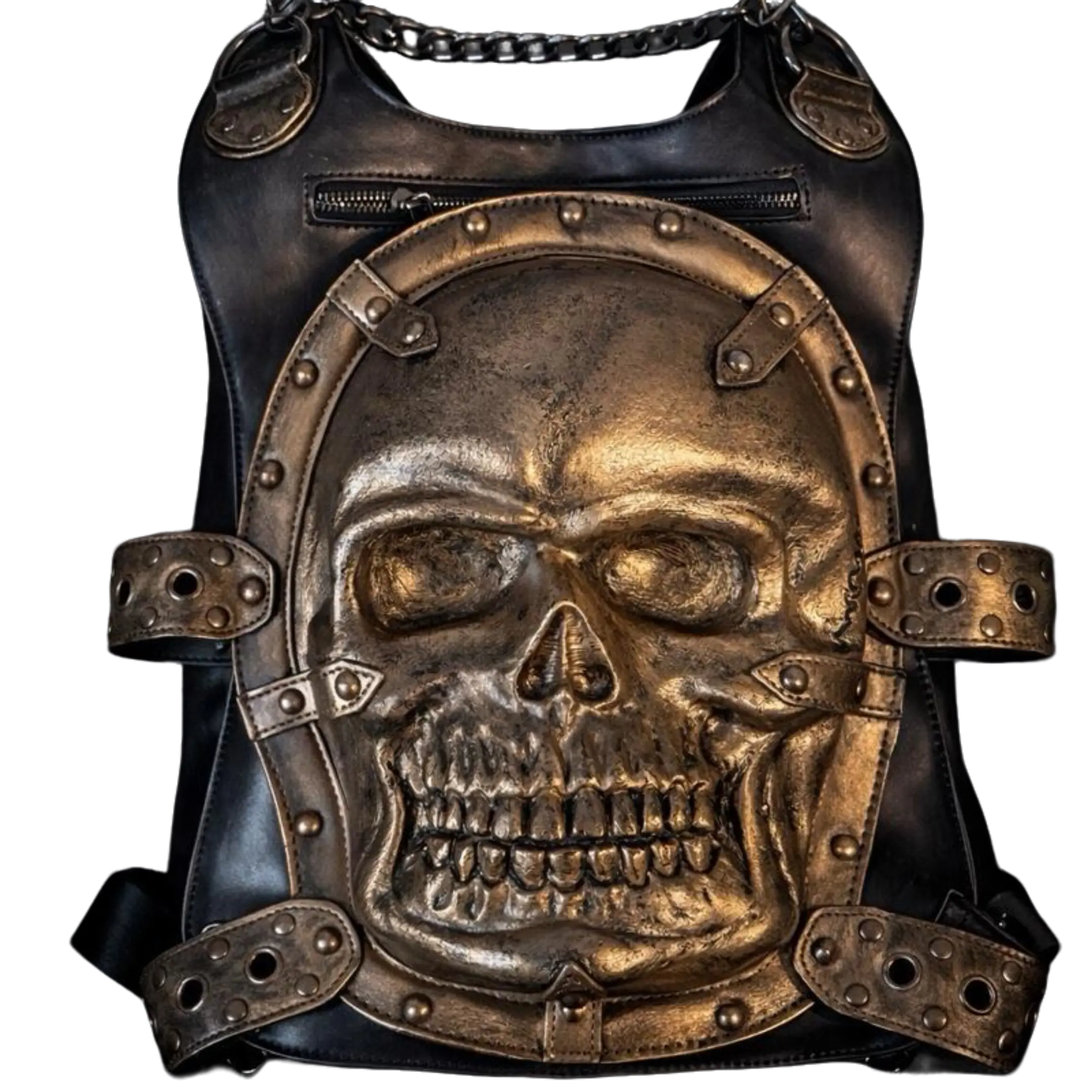 Titan Skull Gold Biker Edition Leather Backpack (SKU 3225) - Trendy, Elegant, Multi-Function Buckle Strap, Adjustable Buckle, Bold Skull Motif, Edgy Look, Functional Luggage Travel Bag