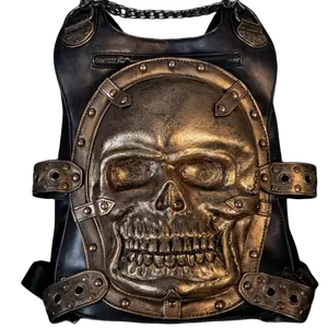 Titan Skull Gold Biker Edition Leather Backpack (SKU 3225) - Stylish Design, Bold Skull Motif, Edgy Look, Functional Biker-Themed Backpacks for Women