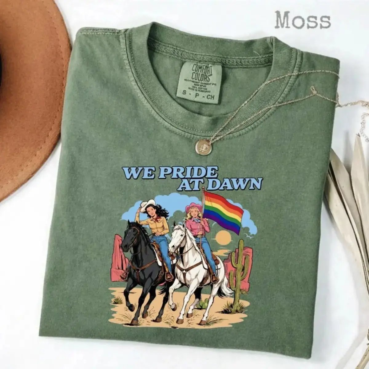 Comfort Colors We Pride at Dawn T-Shirt, Western Cowgirl LGBTQ Graphic Tee, Vintage Rainbow Desert Pride TShirt