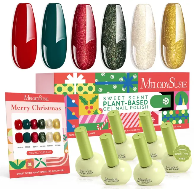 Highly Pigmented Gel Nail Polish Set, 0.56 fl.oz Tilt-and-Stand Bottle, HEMA Free Plant-Based, 6 Colors Christmas New Year, Soak Off UV LED Manicure Kit Gift Box(Red Glitter Gold Green)