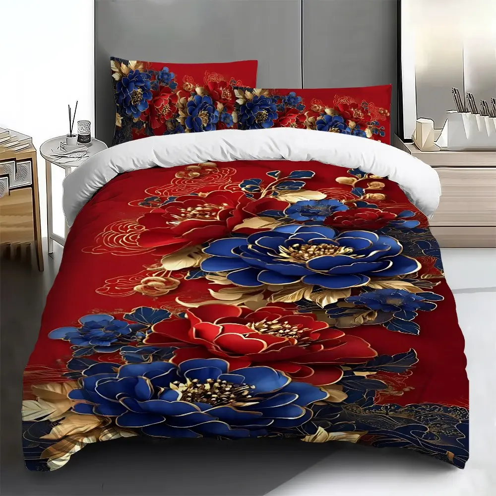 Three-piece bedding set - 2pcs/3pcs 2D Flat New Year Red and Gold Peony Pattern Duvet Cover Set (1 duvet cover + 1/2 pillowcases, no insert), multi-color printed bedding set, soft and comfortable, suitable for family bedrooms and guest rooms.