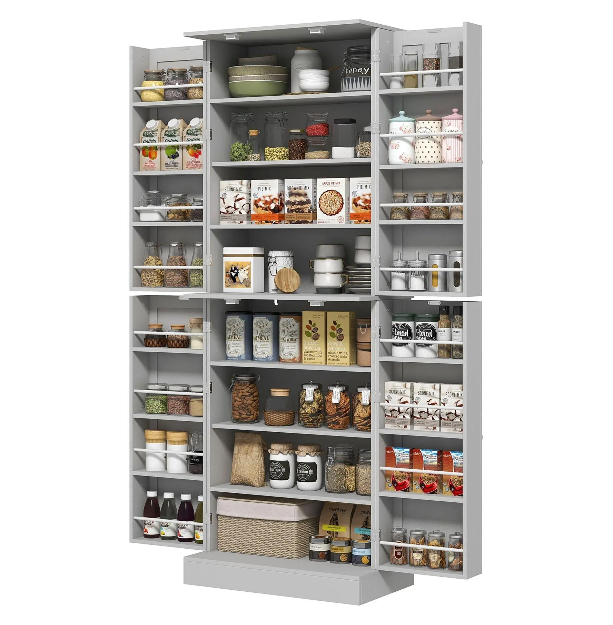 65" Kitchen Pantry Cabinet, 4 Door Food Storage Cabinet with Shelves, Gray Kitchen Cabinet for Dining Room, Large Capacity Organizer