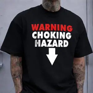 Warning Choking Hazard T-Shirt | Funny Adult Humor Arrow Graphic Tee | Bold Red White Text Black Shirt