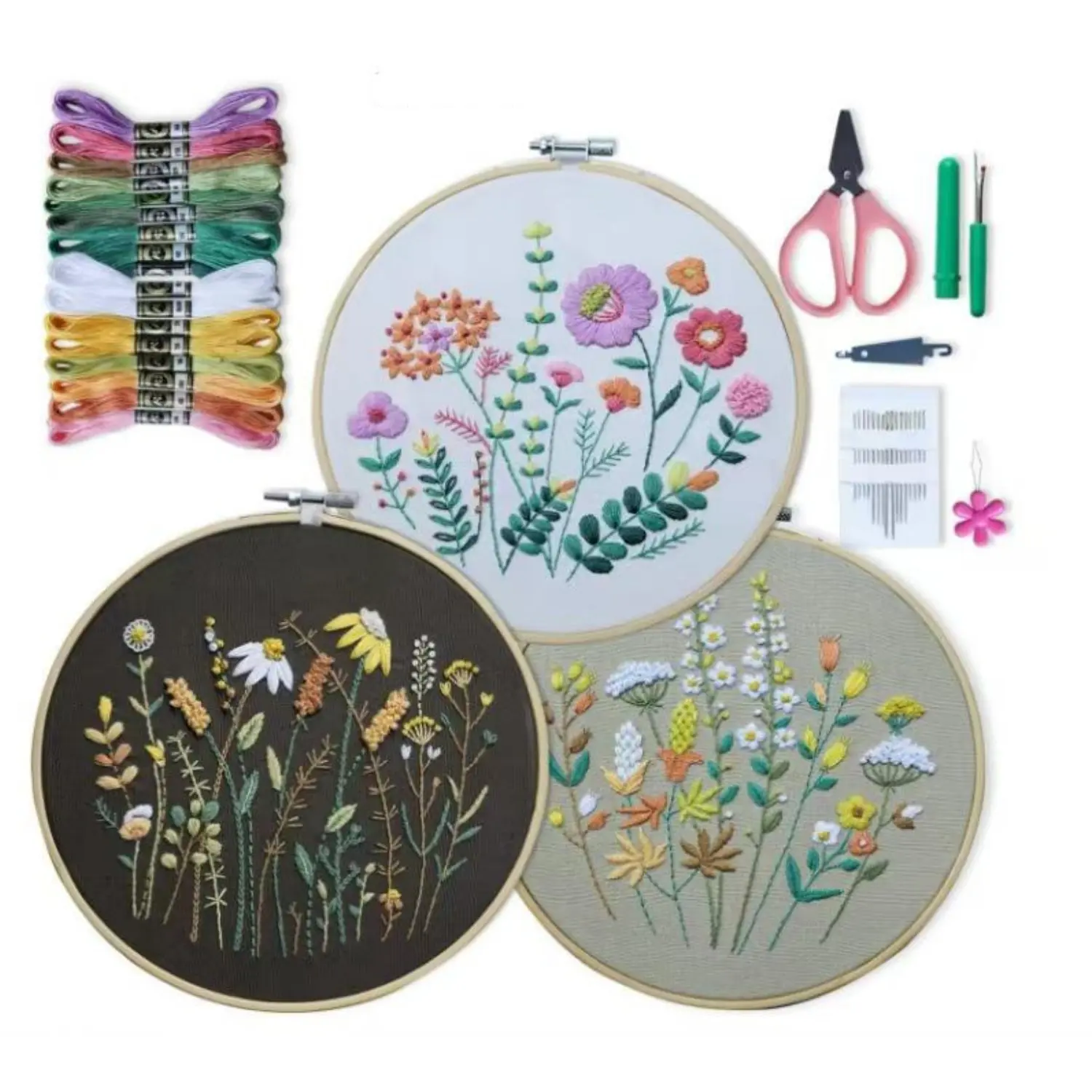 Female 3-Pack Beginner DIY Stamped Embroidery Starter Kits, 33 Stitch Techniques, Vibrant Threads, Hoop, Embroidery Designs, Needle Threader, Seam Ripper - Home Improvement Supplies