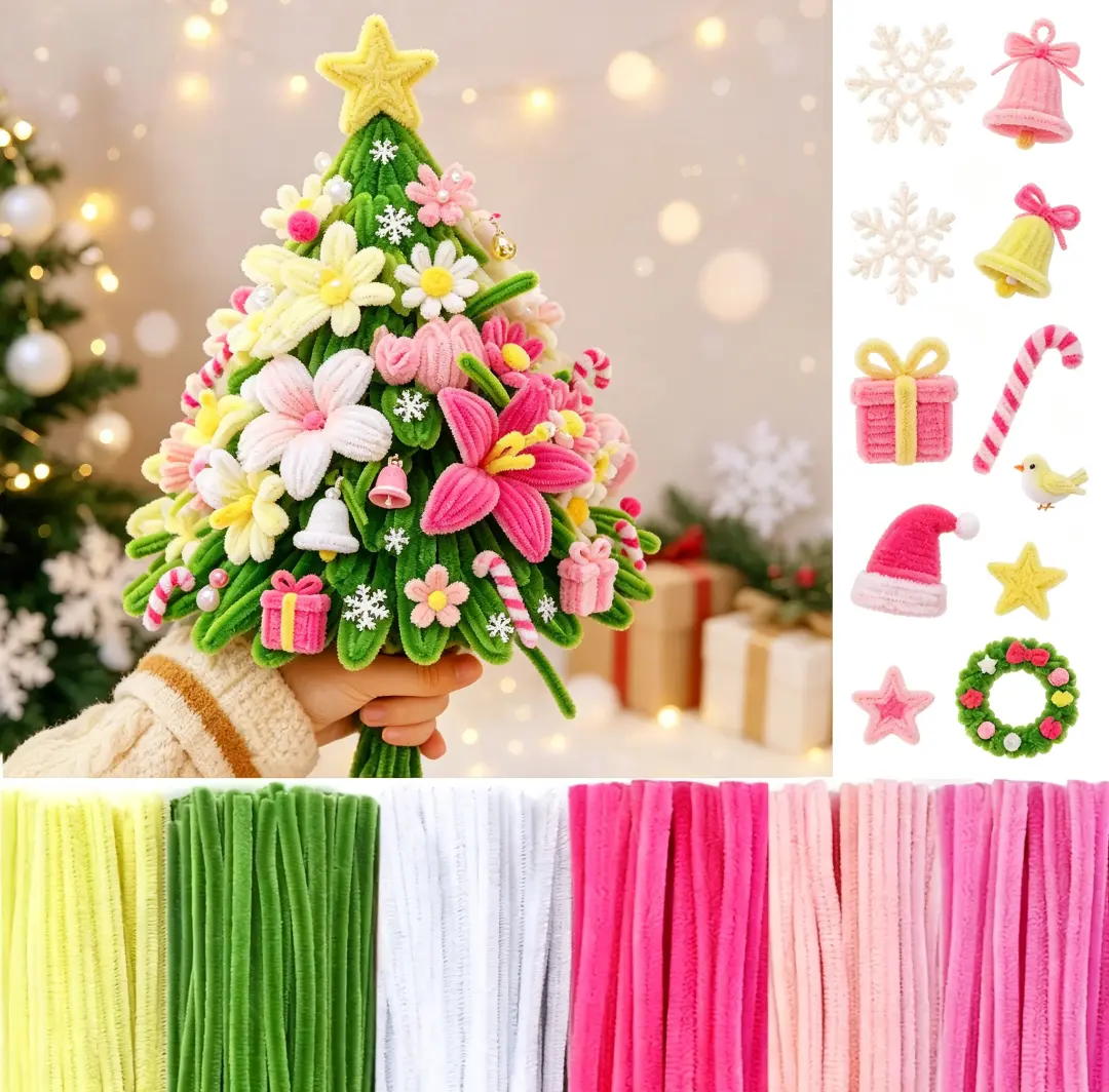 500-Piece Crochet Pipe Cleaner Decorative Floral Bouquet Set, 5-Color Chenille Stems with Wrapping Paper for DIY Craft Projects, Valentine's Day Floral Arrangements (Toys & Hobbies Specialty Crochet Supplies Kit)
