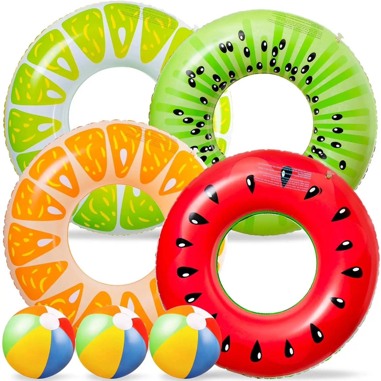 7-Piece Luau Inflatable Pool Floats Set for Kids and Adults, Large Fruit & Donut Swim Rings with 13.5-Inch Beach Balls for Pool Party Fun, Inflatable Pool Floaters, 7Pcs-Luau Rings With Balls