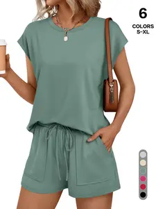Women's Crew Neck Two-Piece Shorts Set, Cap Sleeve Drawstring Design, Summer Sweatshirt & Pant, Comfortable Daily Wear