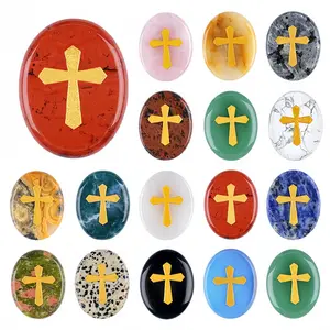 10Pcs Engraved Natural Crystal Cross Palm Stone Pocket Worry Stones for Anxiety Relief Meditation Prayer Healing Energy Gemstones Collection Religious Spiritual Gifts for Friends Family Oval Hand Carved Polished Rocks Unique Bling orange calcite