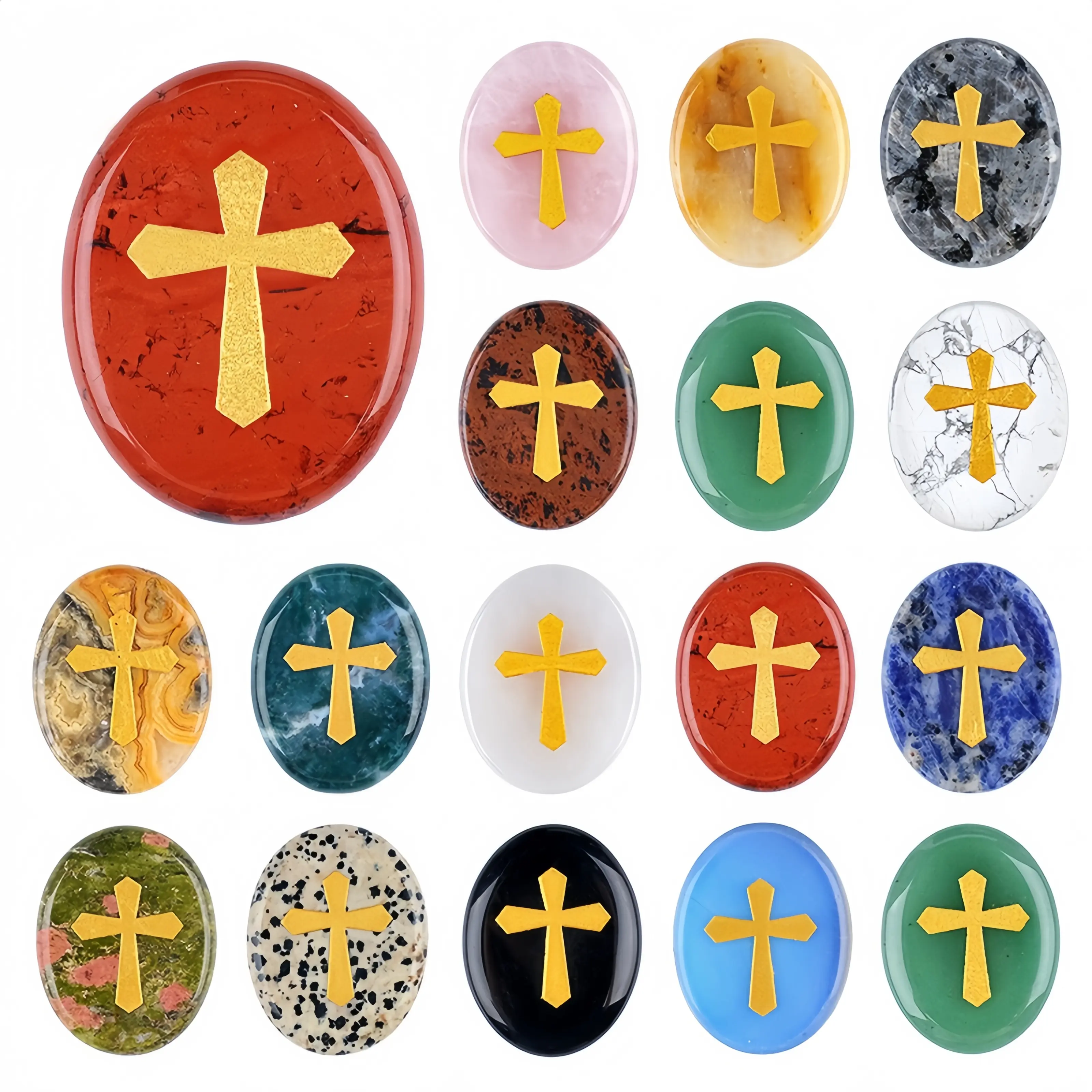 10Pcs Engraved Natural Crystal Cross Palm Stone Pocket Worry Stones for Anxiety Relief Meditation Prayer Healing Energy Gemstones Collection Religious Spiritual Gifts for Friends Family Oval Hand Carved Polished Rocks Unique Bling orange calcite