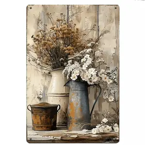 Vintage Dried Wildflower Metal Tin Sign Wall Decor - Neutral Rustic Farmhouse Floral Metal Sign, Shabby Chic Wall Art for Home, Kitchen, Bedroom 12*18inch