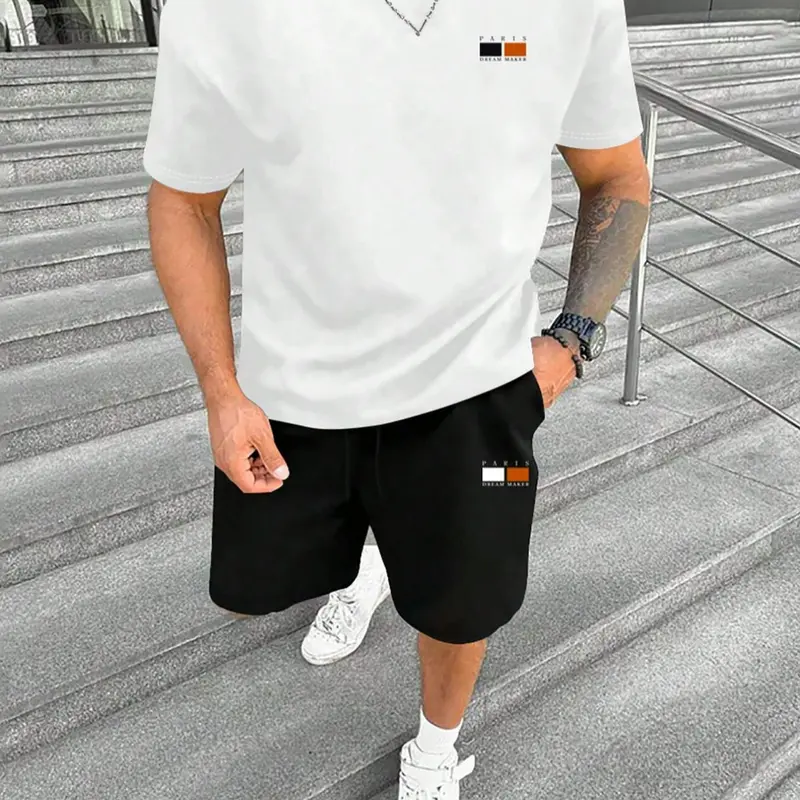 Men's Regular Fit Round Neck Letter Graphic Tee & Shorts Set, Casual Short Sleeve T-shirt & Shorts, Men's Summer Clothes for Daily Wear, Menswear, Athletic Shorts Set, Casual Sport Set, Shorts Sets Outfits