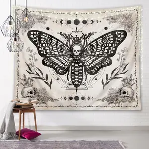 Skull Moth Tapestry Gothic Wall Art 59Wx51H Inch Vintage Butterfly Skeleton Floral Moon Phase Witchy Crescent Astrology Mystic Black Beige Wall Hanging Bedroom Living Room Dorm Decor Fabric