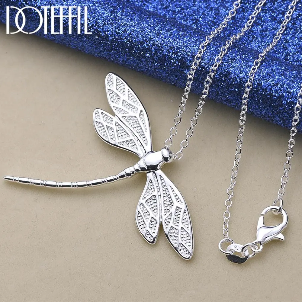 DOTEFFIL Silver 40-75cm Chain Big Dragonfly Pendant Necklace For Women Wedding Engagement Party Fashion Jewelry