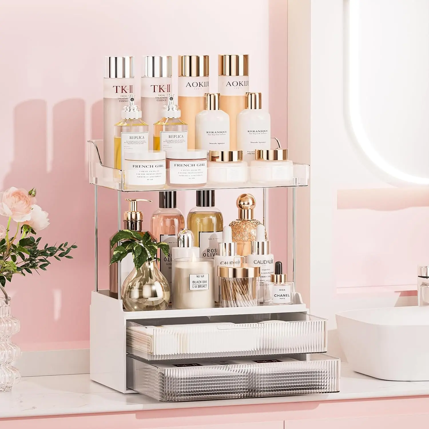 Bathroom counter organizer 2tier 2drawer makeup organizer countertop easy to install ideal for bathroom storage vanity perfume large skincare items present and more clear