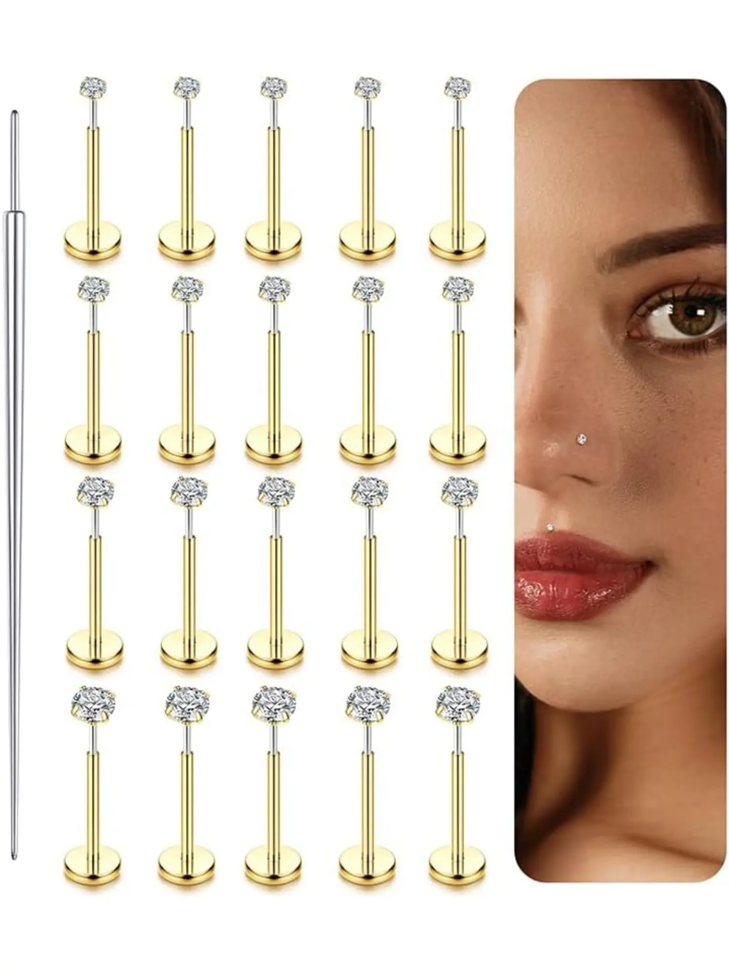 20 Pcs 14K Gold Nose Studs for Women 316L Surgical Steel Threadless Nose Ring Lip Studs Push in Flat Back Stud Earrings Cz Nose Nostril Tragus Helix Body Piercing Jewelry Silver Gold 20G
