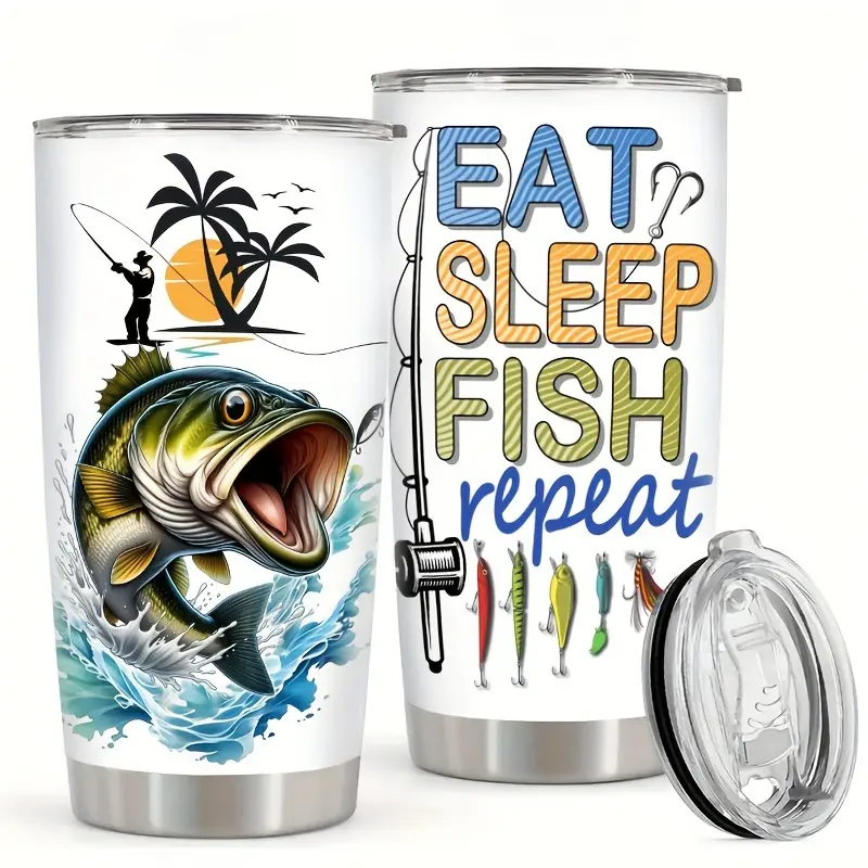 Borlans 20oz Fishing Tumbler - Stainless Steel Insulated Travel Mug with Clear Lid |   Double-Wall Vacuum for Hot/Cold Drinks, "Eat Sleep Fish Repeat" Graphic |   Perfect Gift for Fishermen, Anglers |   Durable Outdoor Drinkware